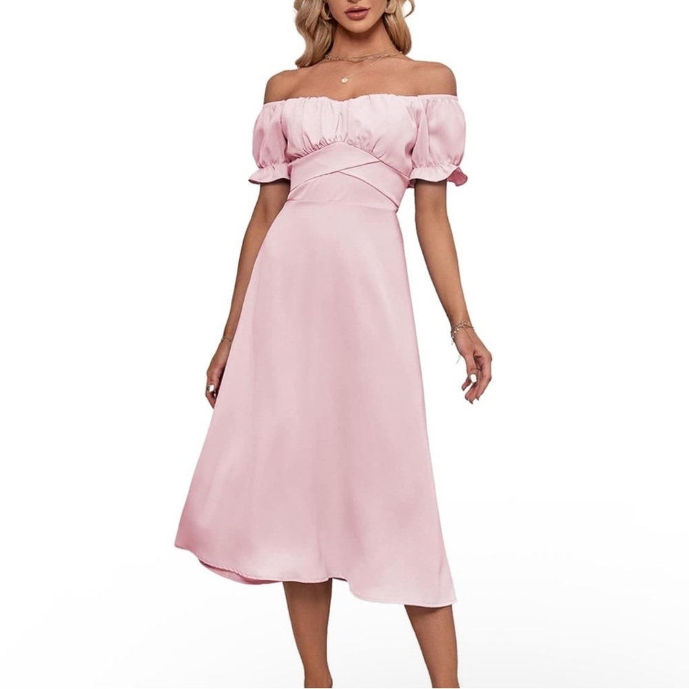 Women’s Milkmaid Light Pink Off-Shoulder Midi Dress Puff Sleeve Tie Back Small
